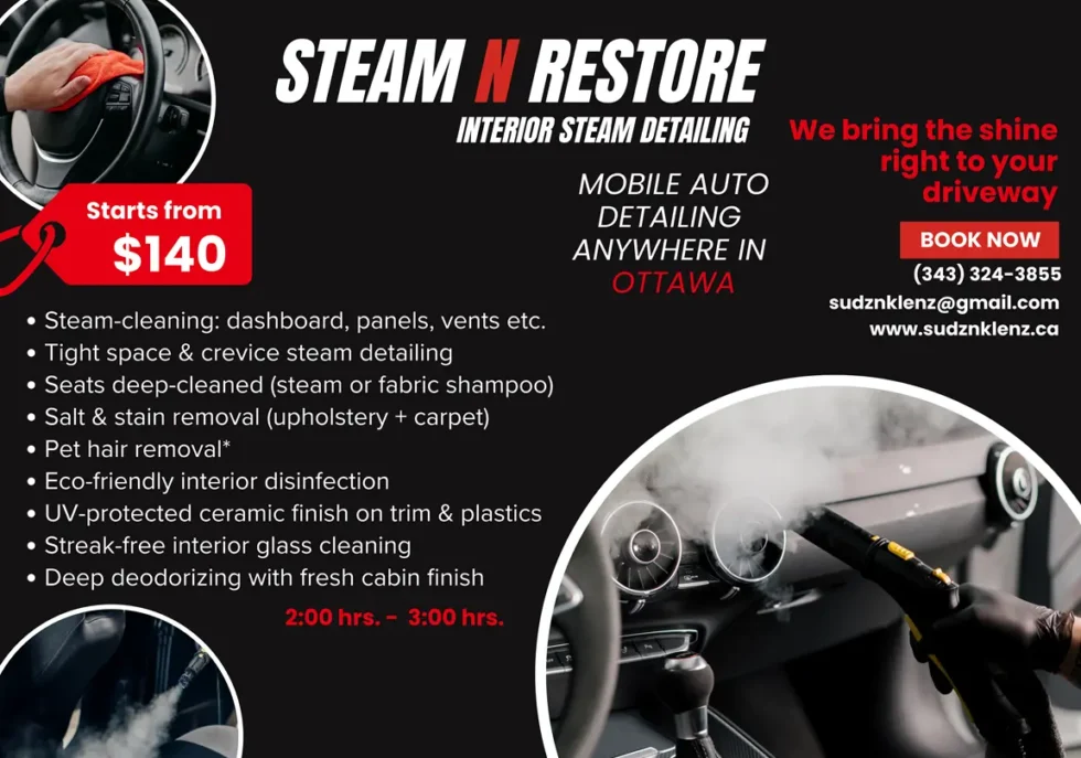 Interior detailing in Ottawa by SudzNklenz — deep steam cleaning, stain removal, and full cabin sanitization.